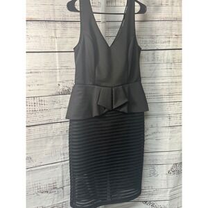 Bisou Bisou‎ Black Peplum V Neck Sheath Dress Knee Length Size 10 Michele Bohbot